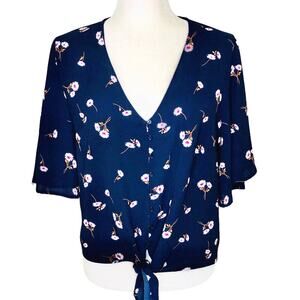 Lush Blue Floral Deep V-Neck Tie Waist Bell Sleeve Blouse